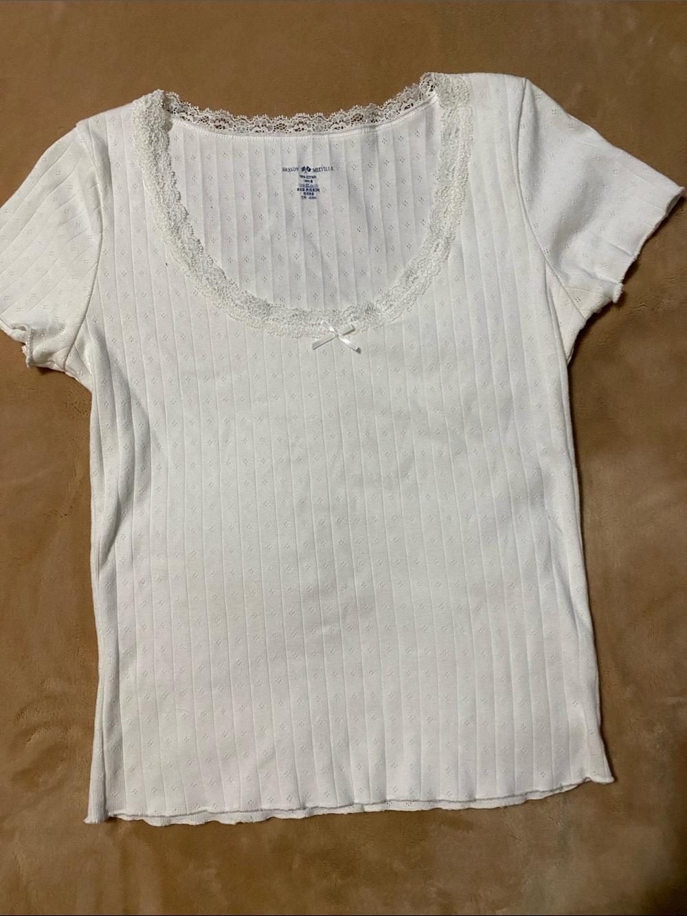 Brandy Melville White Ribbed Lace-Trim Scoop Tee Sz S
